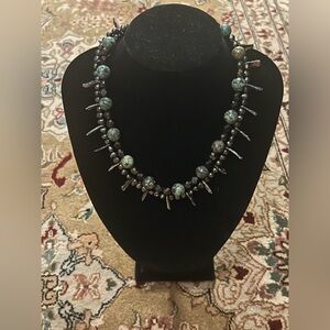 Double Strand Black baroque Pearl Natural Turquoise Bead Necklace Sterling Clasp